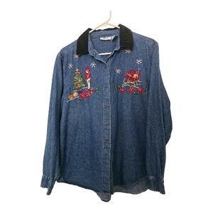 Victoria Jones Festive Denim Shirt Embroidered Holiday Design Velvet Collar PL
